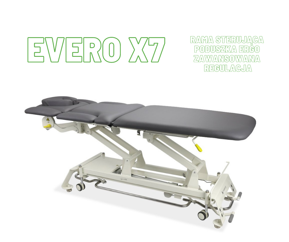Najbardziej zaawansowany, 7-segmentowy stół rehabilitacyjny wyposażony w ramę sterującą, system jezdny oraz podgłówek z poduszką ERGO. Dedykowany do masaży, fizjoterapii, rehabilitacji.