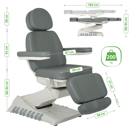 Fotel kosmetyczny z regulacja elektryczną Luxoria PRO 5, Ash Grey