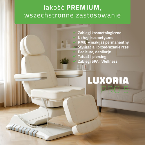 Fotel kosmetyczny z regulacja elektryczną Luxoria PRO 5, Snow White