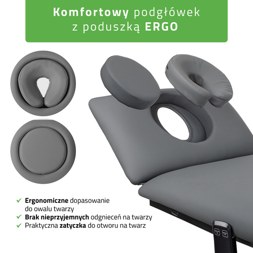 Stół rehabilitacyjny, do masażu, elektryczny Fortis 4 Ergo - pilot ręczny, rama sterująca, szaro czarny