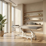 Stół rehabilitacyjny, do masażu, elektryczny Optima - pilot ręczny, szaro biały