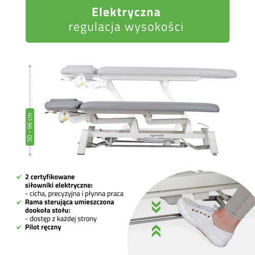 Stół rehabilitacyjny, do masażu, elektryczny Proxima V4 Ergo - pilot ręczny, rama sterująca, szaro biały