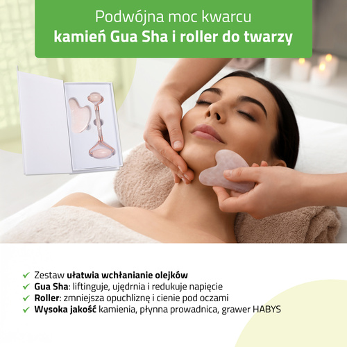 Zestaw do masażu twarzy HABYS: kamień Gua Sha + roller z różowego kwarcu + naturalny olejek migdałowy 100 ml