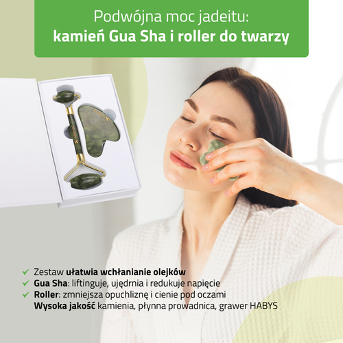 Zestaw do masażu twarzy HABYS: kamień Gua Sha jadeitowy + roller + naturalny olejek migdałowy 100 ml 