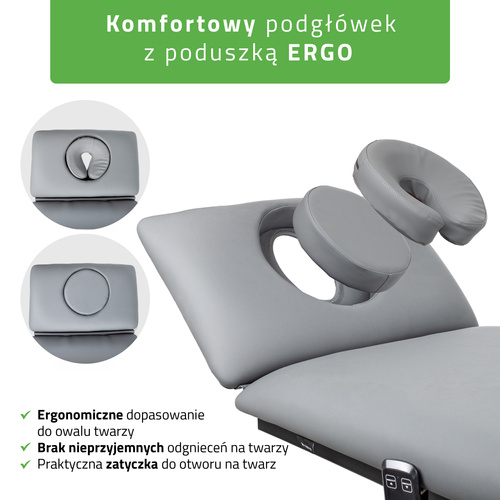Stół rehabilitacyjny, do masażu, elektryczny Fortis 2 Ergo - pilot ręczny, rama sterująca, szaro czarny