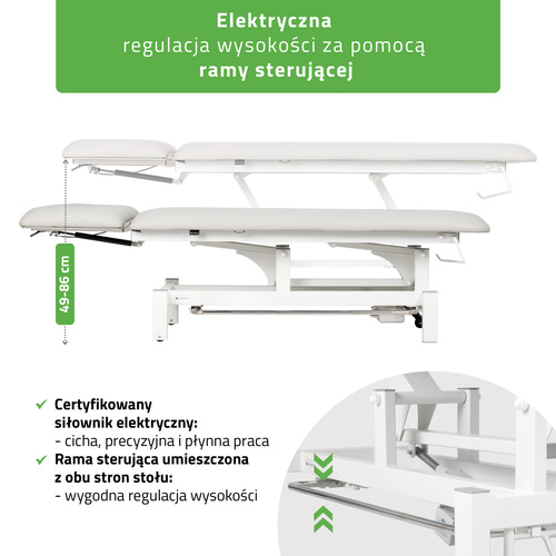 Stół rehabilitacyjny, do masażu, elektryczny Fortis 2 Ergo - pilot ręczny, rama sterująca, szaro biały