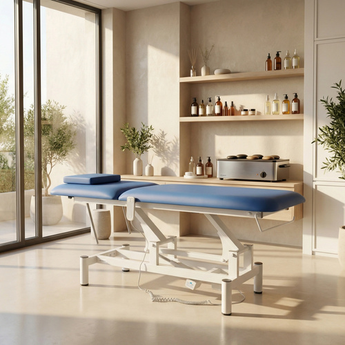 Stół rehabilitacyjny, do masażu elektryczny Optima – pilot ręczny, niebiesko biały 