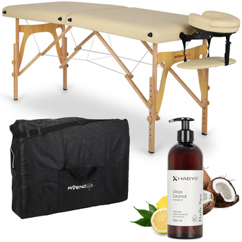 Zestaw - Stół do masażu Sonia 60 cm - beżowy, olejek do masażu Daily Spa Citrus Coconut HABYS 500 ml
