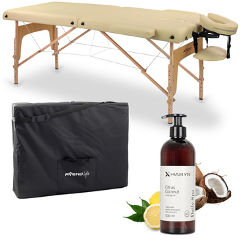 Zestaw - Stół do masażu Sofia Light 60 cm - beżowy, olejek do masażu Daily Spa Citrus Coconut HABYS 500 ml