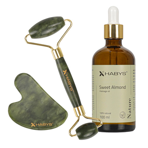 Zestaw do masażu twarzy HABYS: kamień Gua Sha jadeitowy + roller + naturalny olejek migdałowy 100 ml 