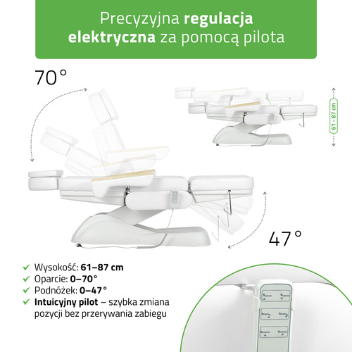 Fotel kosmetyczny z regulacją elektryczną Leo PRO 4, biały - 3 silniki