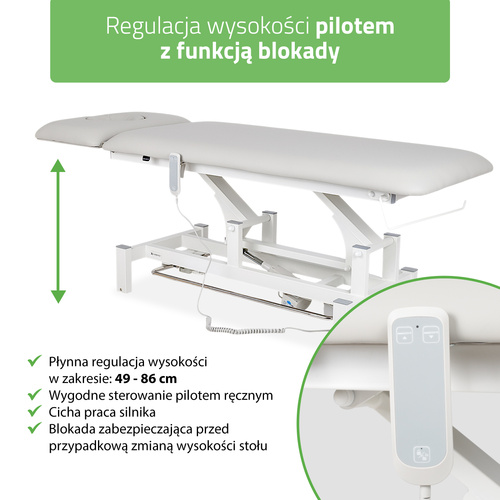 Stół rehabilitacyjny, do masażu, elektryczny Fortis 2 Ergo - pilot ręczny, rama sterująca, szaro biały