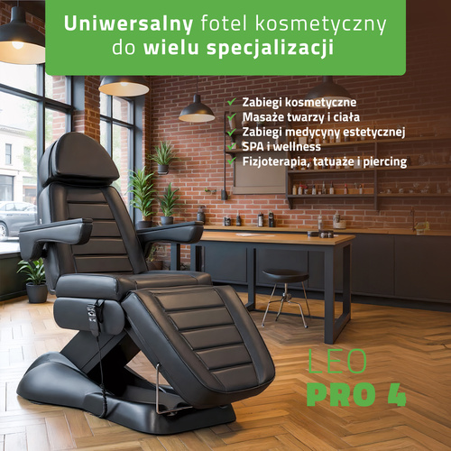 Fotel kosmetyczny z regulacją elektryczną Leo PRO 4, czarny - 3 silniki
