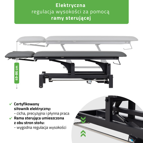 Stół rehabilitacyjny, do masażu, elektryczny Fortis 2 Ergo - pilot ręczny, rama sterująca, szaro czarny