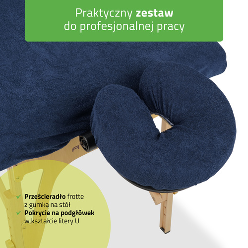 Zestaw - Prześcieradło frotte 1cz. na stoły składane - 60/165, pokrycie frotte na podgłówek granatowe