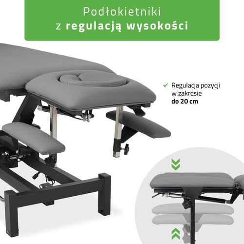 Stół rehabilitacyjny, do masażu, elektryczny Fortis 5 Ergo - pilot ręczny, rama sterująca, szaro czarny