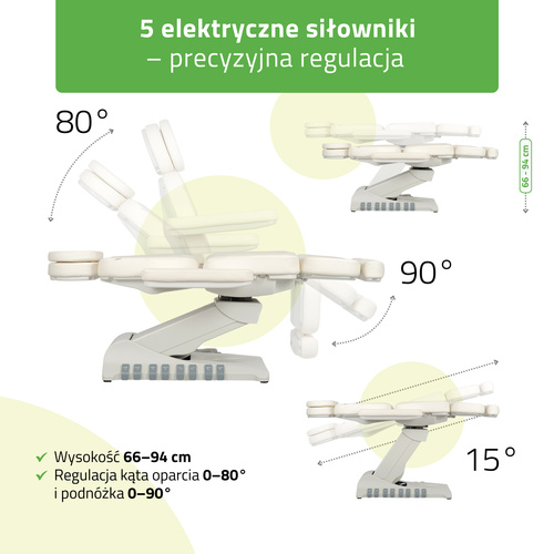 Fotel kosmetyczny z regulacja elektryczną Luxoria PRO 5, Snow White