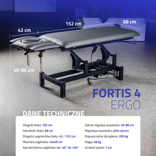 Stół rehabilitacyjny, do masażu, elektryczny Fortis 4 Ergo - pilot ręczny, szaro czarny
