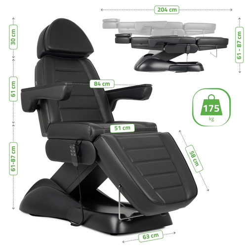 Fotel kosmetyczny z regulacją elektryczną Leo PRO 4, czarny - 3 silniki