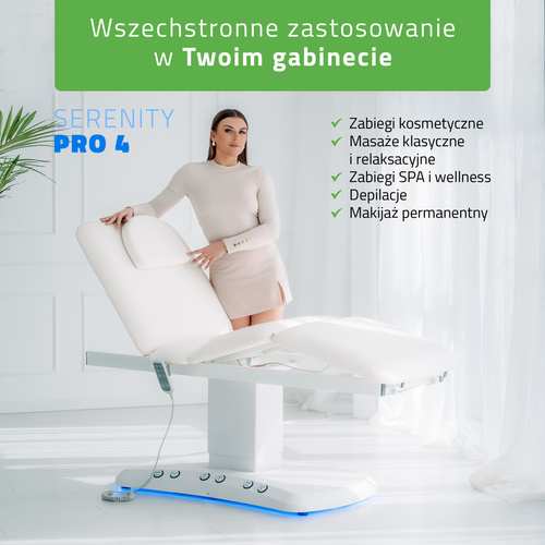 Łóżko kosmetyczne elektryczne z podgrzewaniem Serenity PRO 4 do masażu i zabiegów SPA - 3 silniki   