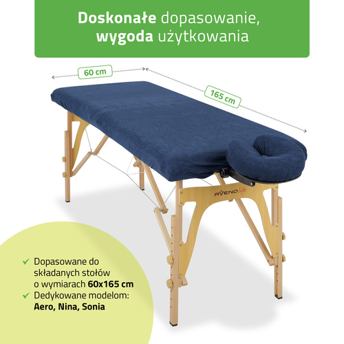 Zestaw - Prześcieradło frotte 1cz. na stoły składane - 60/165, pokrycie frotte na podgłówek granatowe