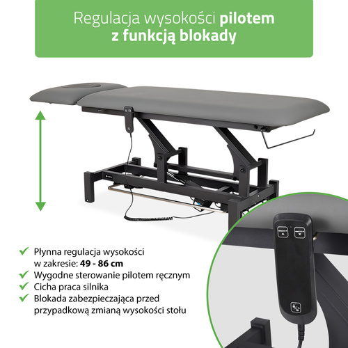 Stół rehabilitacyjny, do masażu, elektryczny Fortis 2 Ergo - pilot ręczny, rama sterująca, szaro czarny