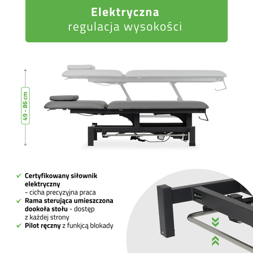 Stół rehabilitacyjny, do masażu, elektryczny Fortis 2 - pilot ręczny, rama sterująca, szaro czarny