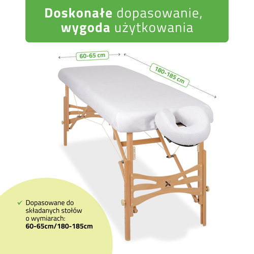 Zestaw - Prześcieradło frotte 1cz. na stoły składane 60-65/180-185, pokrycie frotte na podgłówek białe