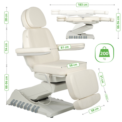 Fotel kosmetyczny z regulacja elektryczną Luxoria PRO 5, Snow White