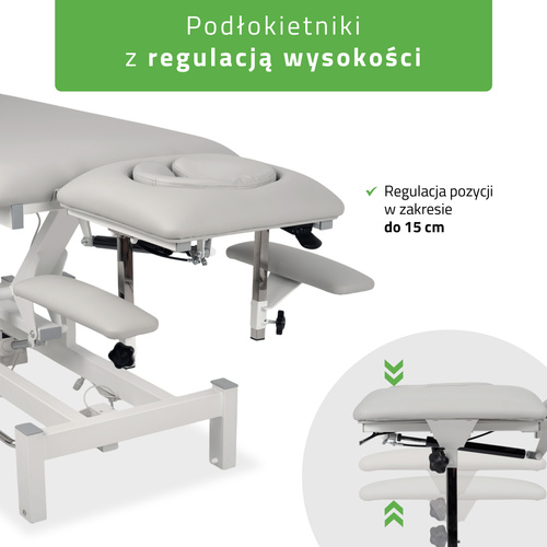 Stół rehabilitacyjny, do masażu, elektryczny Fortis 5 Ergo - pilot ręczny, rama sterująca, szaro biały