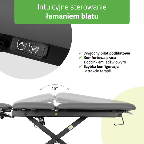 Stół rehabilitacyjny, do masażu, elektryczny Evero Cross X5 Ergo – rama sterująca, szaro  czarny