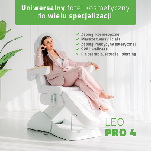 Fotel kosmetyczny z regulacją elektryczną Leo PRO 4, biały - 3 silniki