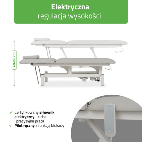 Stół rehabilitacyjny, do masażu, elektryczny Optima - pilot ręczny, szaro biały
