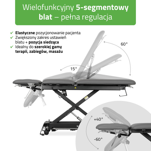 Stół rehabilitacyjny, do masażu, elektryczny Evero Cross X5 Ergo – rama sterująca, szaro  czarny