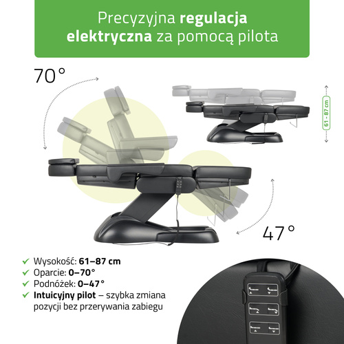 Fotel kosmetyczny z regulacją elektryczną Leo PRO 4, czarny - 3 silniki