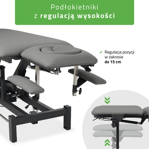 Stół rehabilitacyjny, do masażu, elektryczny Fortis 4 Ergo - pilot ręczny, rama sterująca, szaro czarny
