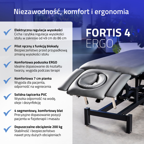 Stół rehabilitacyjny, do masażu, elektryczny Fortis 4 Ergo - pilot ręczny, szaro czarny