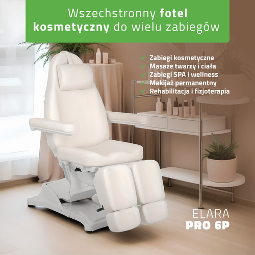 Fotel kosmetyczny z regulacją elektryczną Elara PRO 6P, biały 