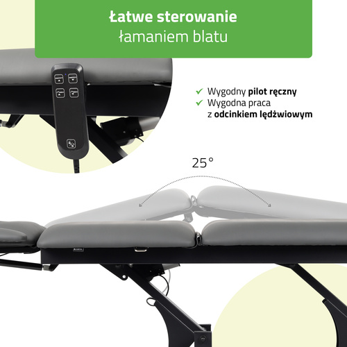 Stół rehabilitacyjny, do masażu, elektryczny Fortis 5 Ergo - pilot ręczny, szaro czarny