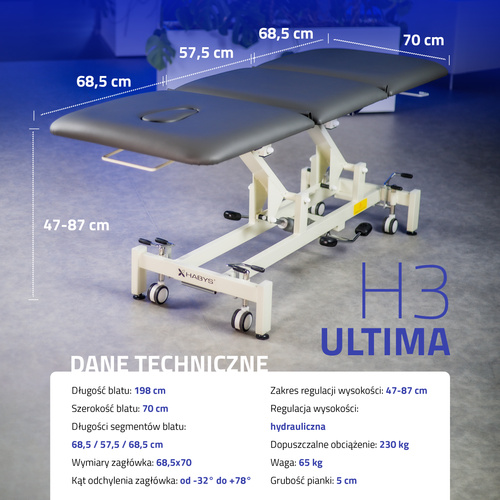 Stół rehabilitacyjny, do masażu, hydrauliczny Ultima H3 - szaro biały