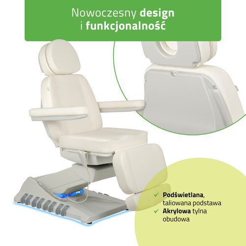 Fotel kosmetyczny z regulacja elektryczną Luxoria PRO 5, Snow White
