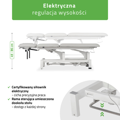 Stół rehabilitacyjny, do masażu, elektryczny Fortis 5 Ergo - pilot ręczny, rama sterująca, szaro biały