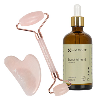 Zestaw do masażu twarzy HABYS: kamień Gua Sha + roller z różowego kwarcu + naturalny olejek migdałowy 100 ml 