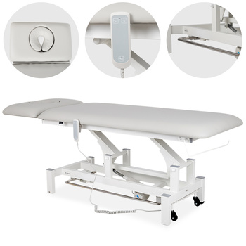Stół rehabilitacyjny, do masażu, elektryczny Fortis 2 Ergo - pilot ręczny, rama sterująca, szaro biały