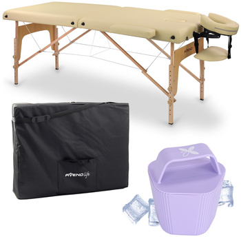 Zestaw - Stół do masażu Sofia Light 60 cm - beżowy, masażer lodowy do ciała, fioletowy