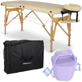 Zestaw - Stół do masażu Sonia 60 cm - beżowy, masażer lodowy do ciała, fioletowy